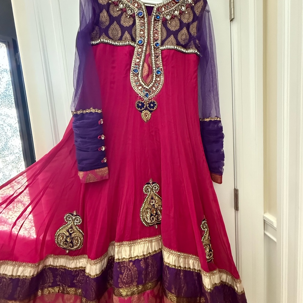 Hi Low Anarkali Vibrant Pink and Purple Embellished Dress desi outfit